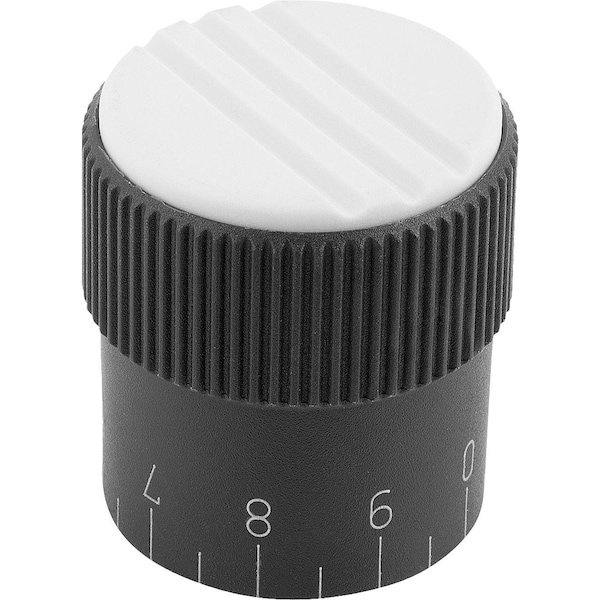 Knurled Knob W.Scale Size:2, D1=26, H=26, D=6, Form:C, Plastic Black, Comp:Steel, Cap:Gray
